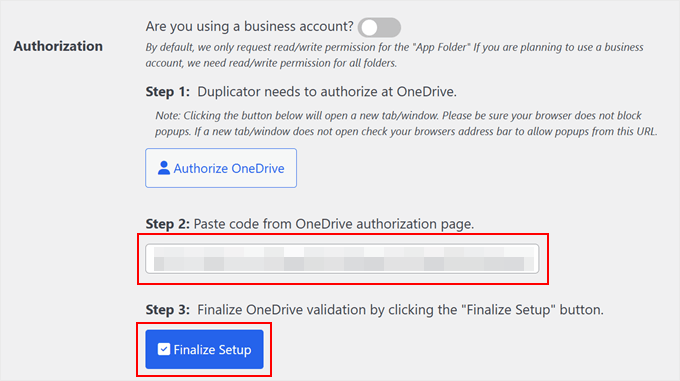 Pasting the Duplicator-OneDrive authorization code