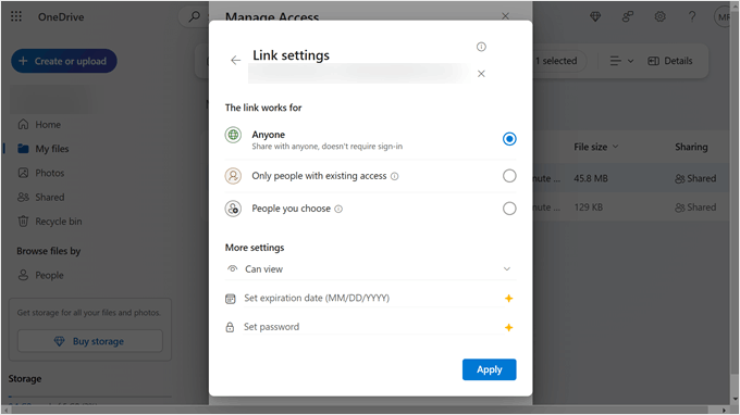 OneDrive's link settings