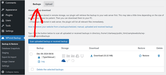 Viewing a backup file in WPvivid