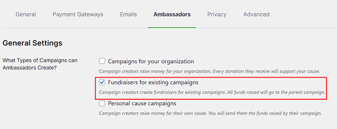 Select Fundraisers for existing campaigns option