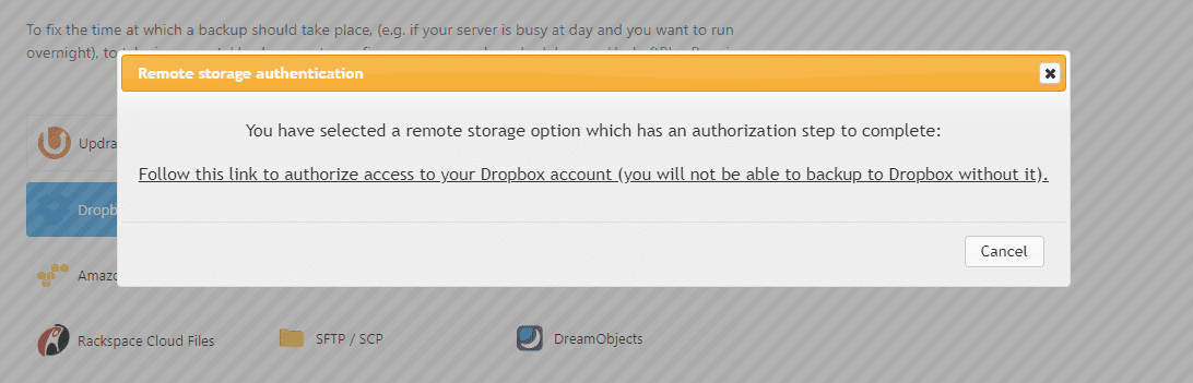 Authorize UpdraftPlus to connect to Dropbox.