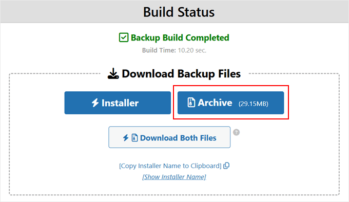 Downloading Duplicator archive file