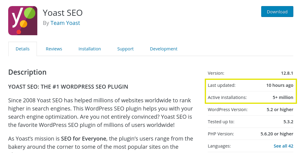 The update and installation section on the Yoast SEO WordPress plugin page.