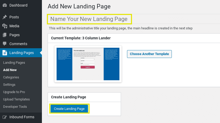 The Add New Landing Page From the WordPress Landing Pages Plugin.