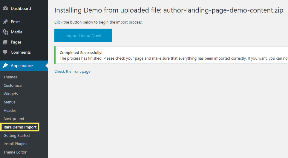 The Option to Import Demo Content on a WordPress Landing Page Theme.