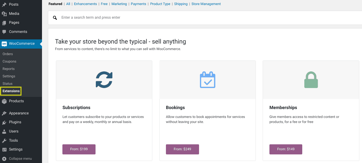 The WooCommerce extensions page from the WordPress dashboard.