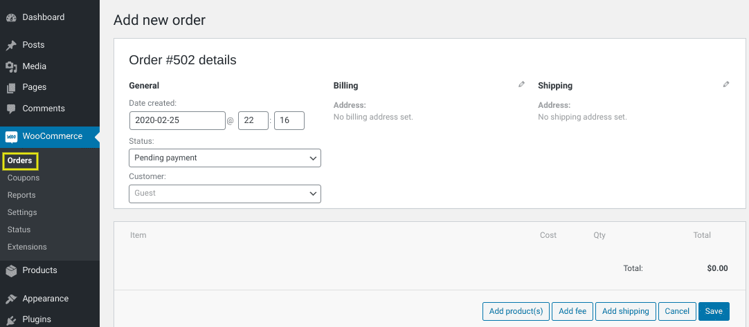 The orders screen of the WooCommerce plugin.