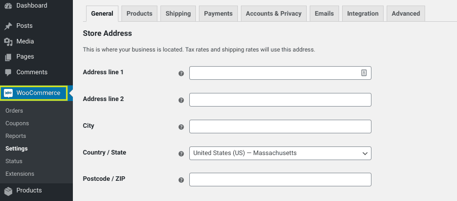 The WooCommerce plugin dashboard in WordPress.