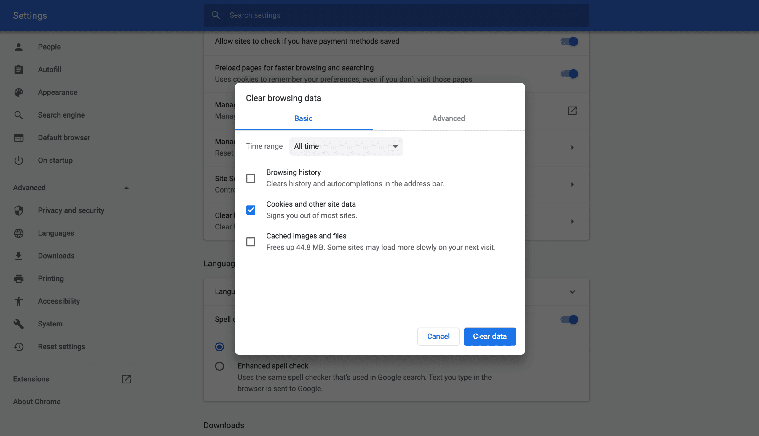 Clearing browser cookies in Chrome.