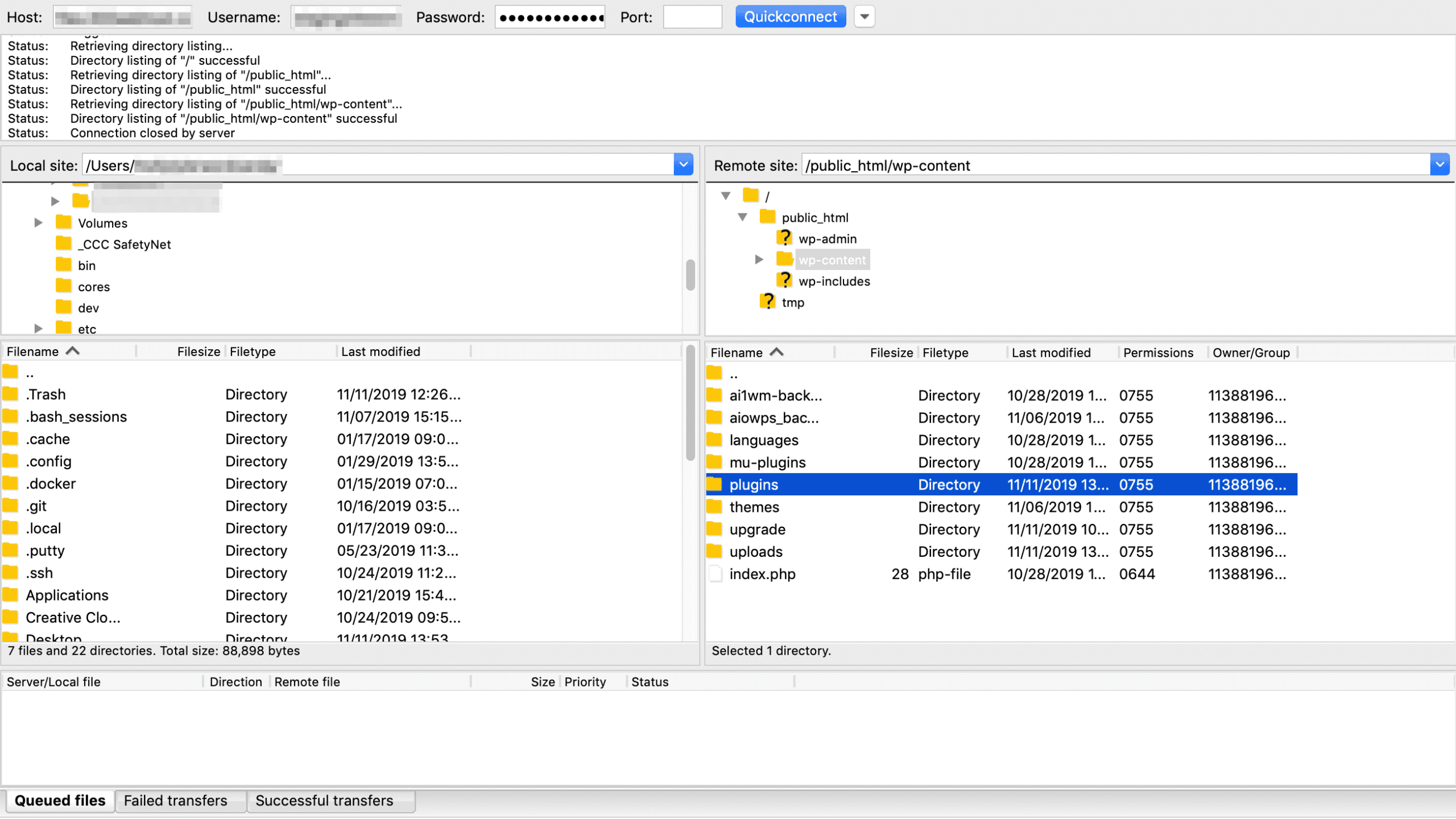 Accessing the plugins folder in FileZilla.