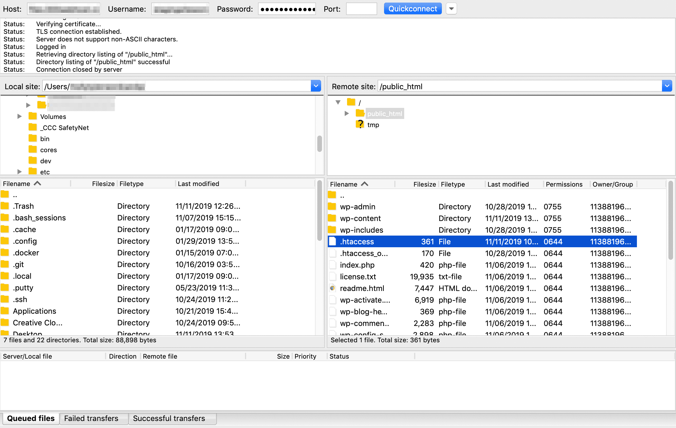 Locating the .htaccess file in FilaZilla.