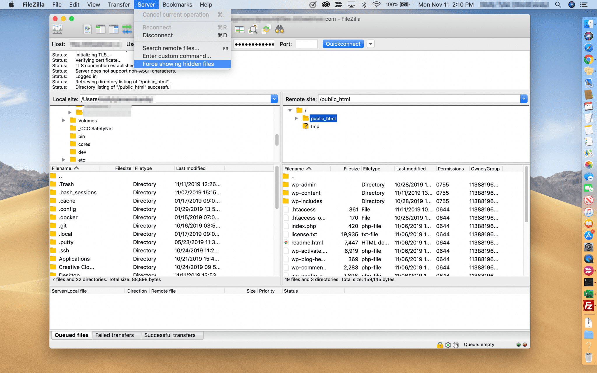 Showing hidden files in FileZilla.