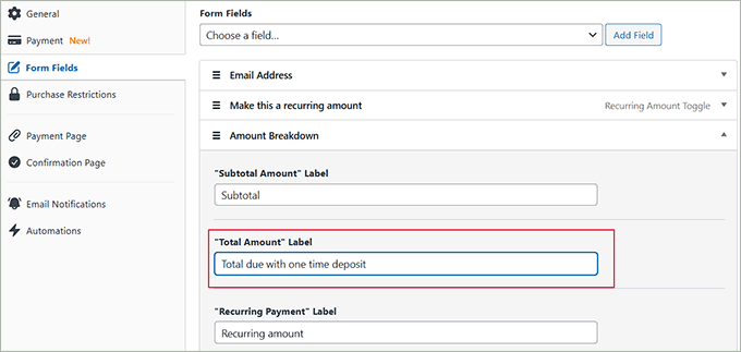 Change the total amount label