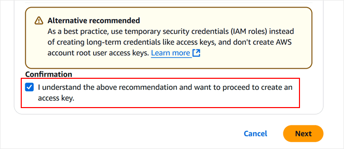 Continuing to set up Amazon S3 access keys