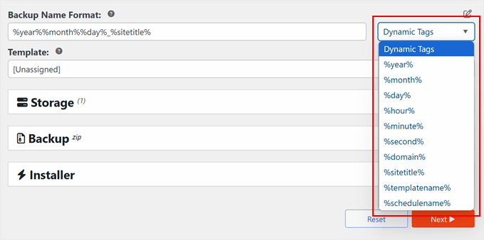 Adding dynamic tags to the backup file name in Duplicator