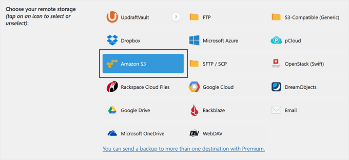 Choosing Amazon S3 as a remote storage in UpdraftPlus