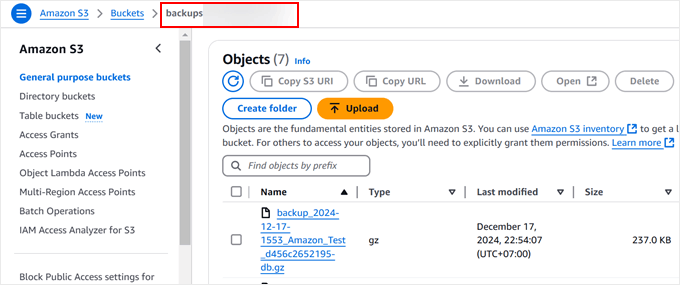 Viewing your UpdraftPlus backup files in Amazon S3