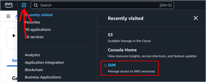 Clicking on the IAM option in AWS