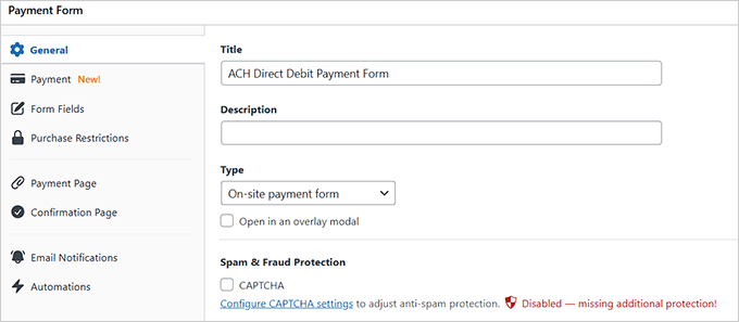 Add ACH payment form name and description