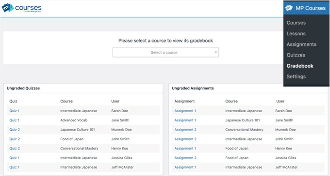 MemberPress Gradebook sample