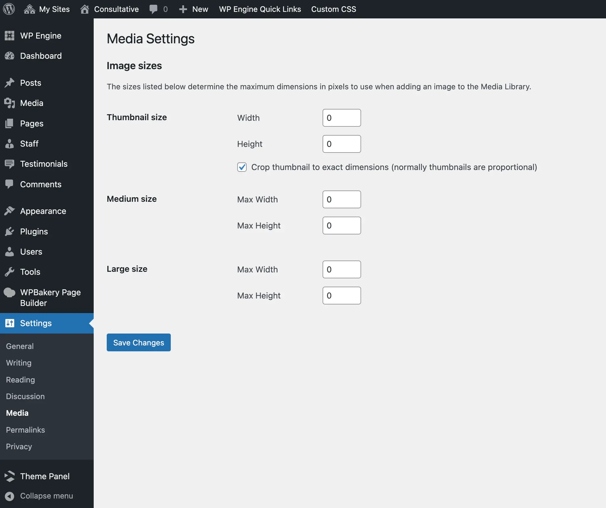 WordPress media settings page