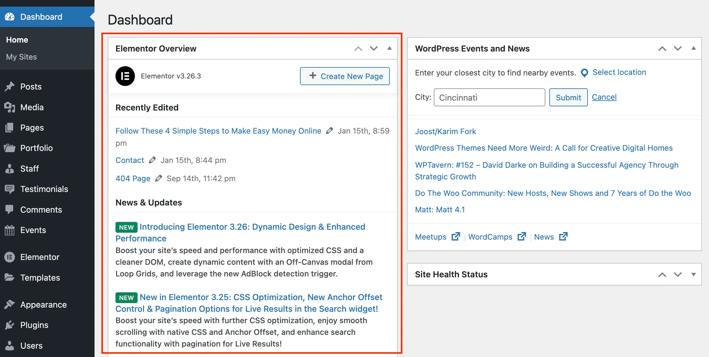 Elementor WP dashboard widget