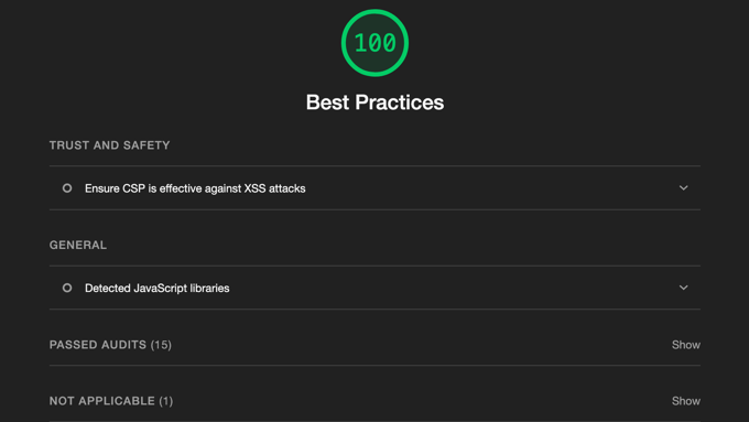 Google Lighthouse Best Practices Report