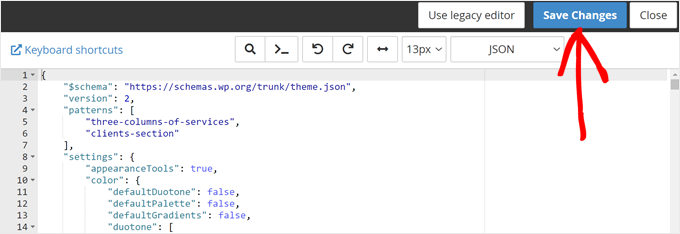 Saving changes in the theme.json file in the Bluehost file manager