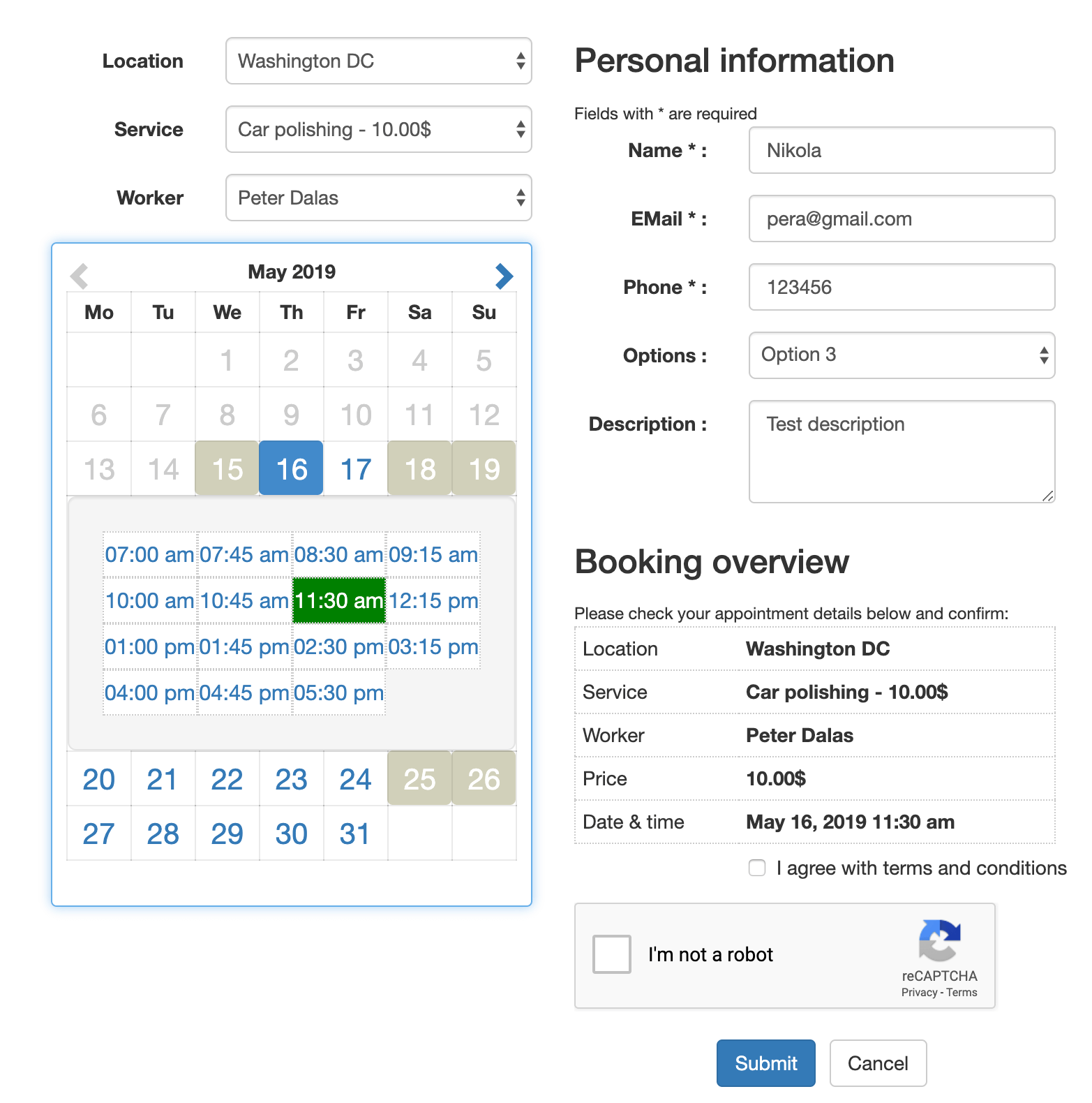 The Easy Appointments booking form.