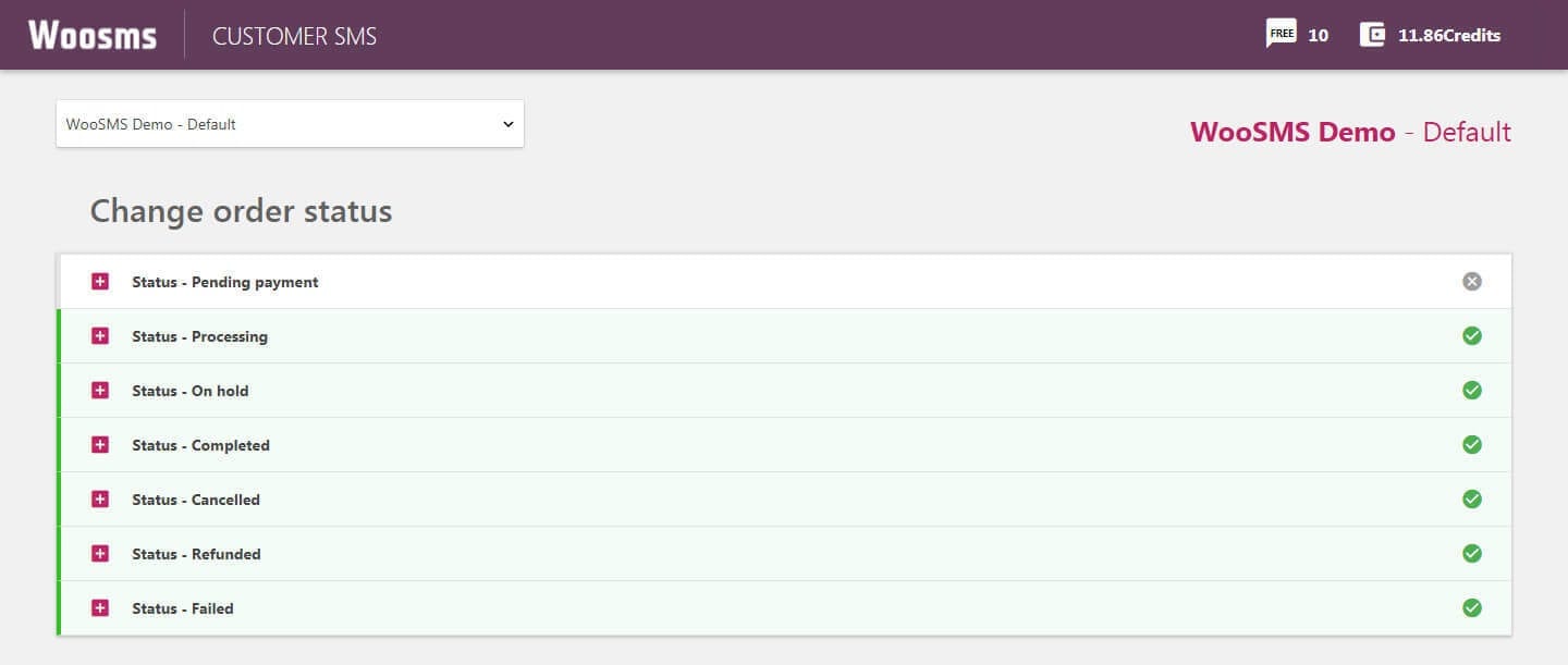 Changing an order status in the WooSMS plugin SMS settings.