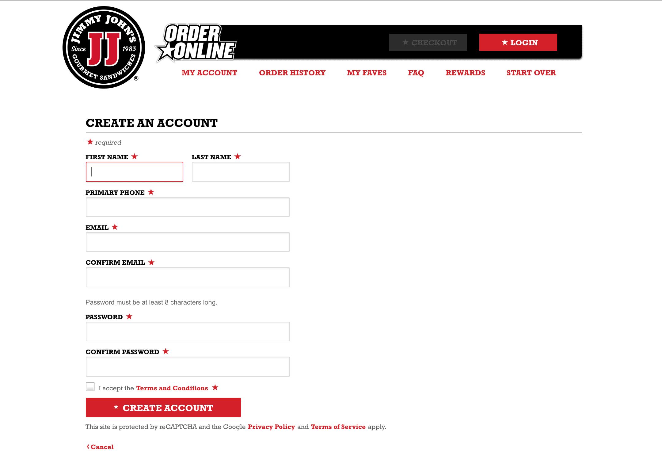 The Jimmy John's account sign up form, which includes a mandatory phone field.