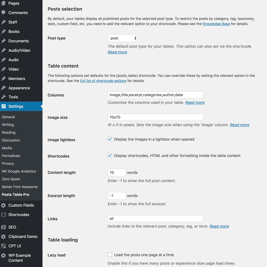 The Posts Table Pro Settings page.