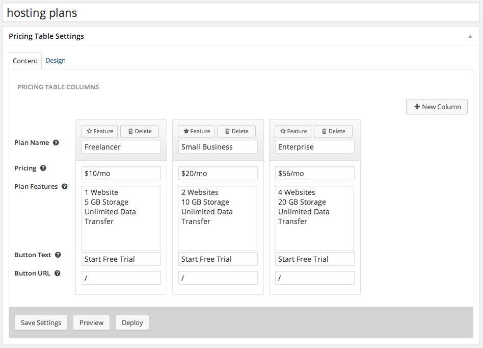 Configuring a new pricing table with the Easy Pricing Tables plugin.