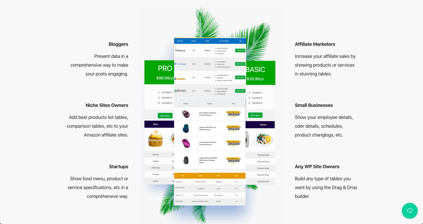 wp table builder options