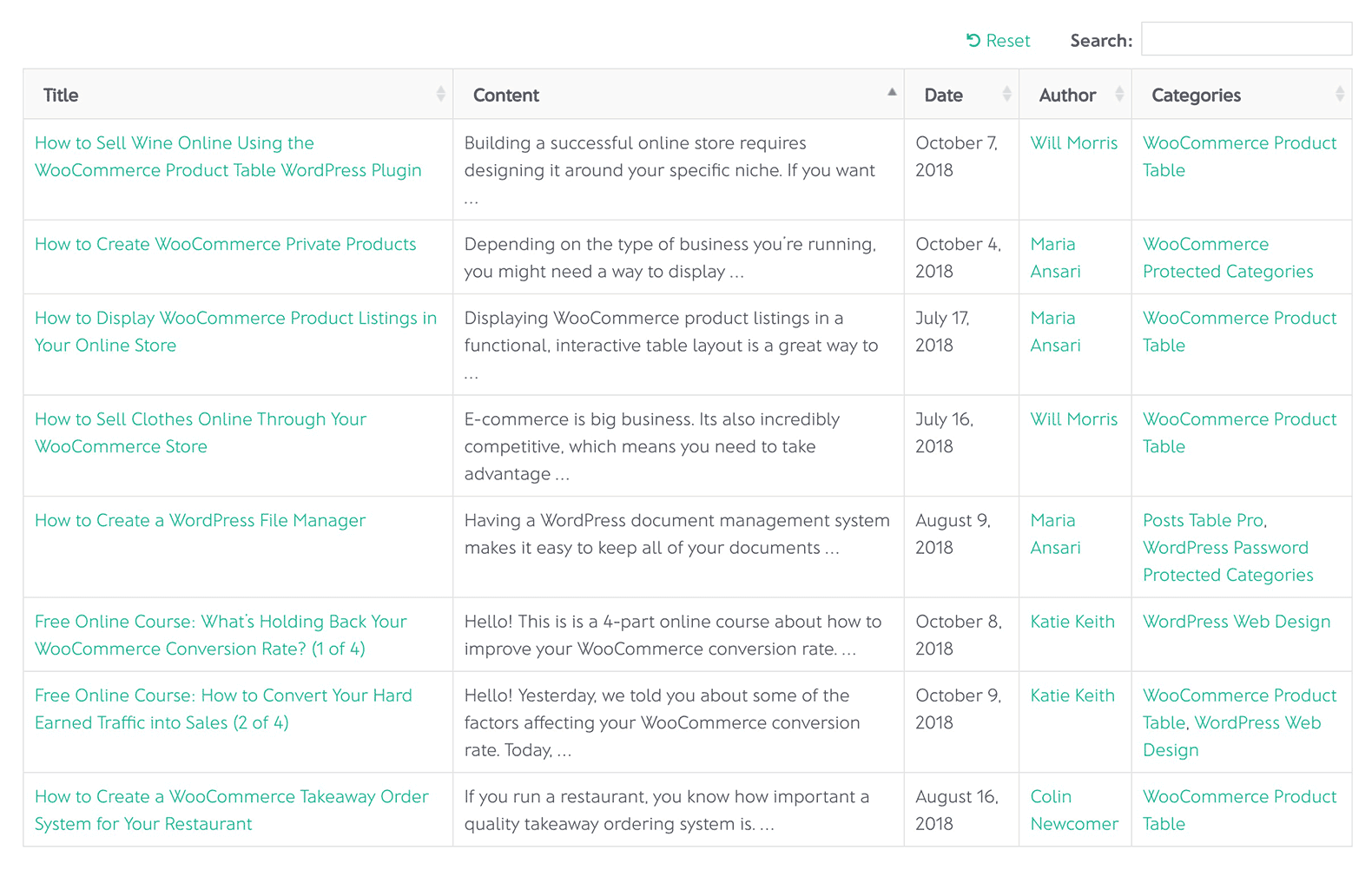 An example of a posts table created with Posts Table with Search & Sort.