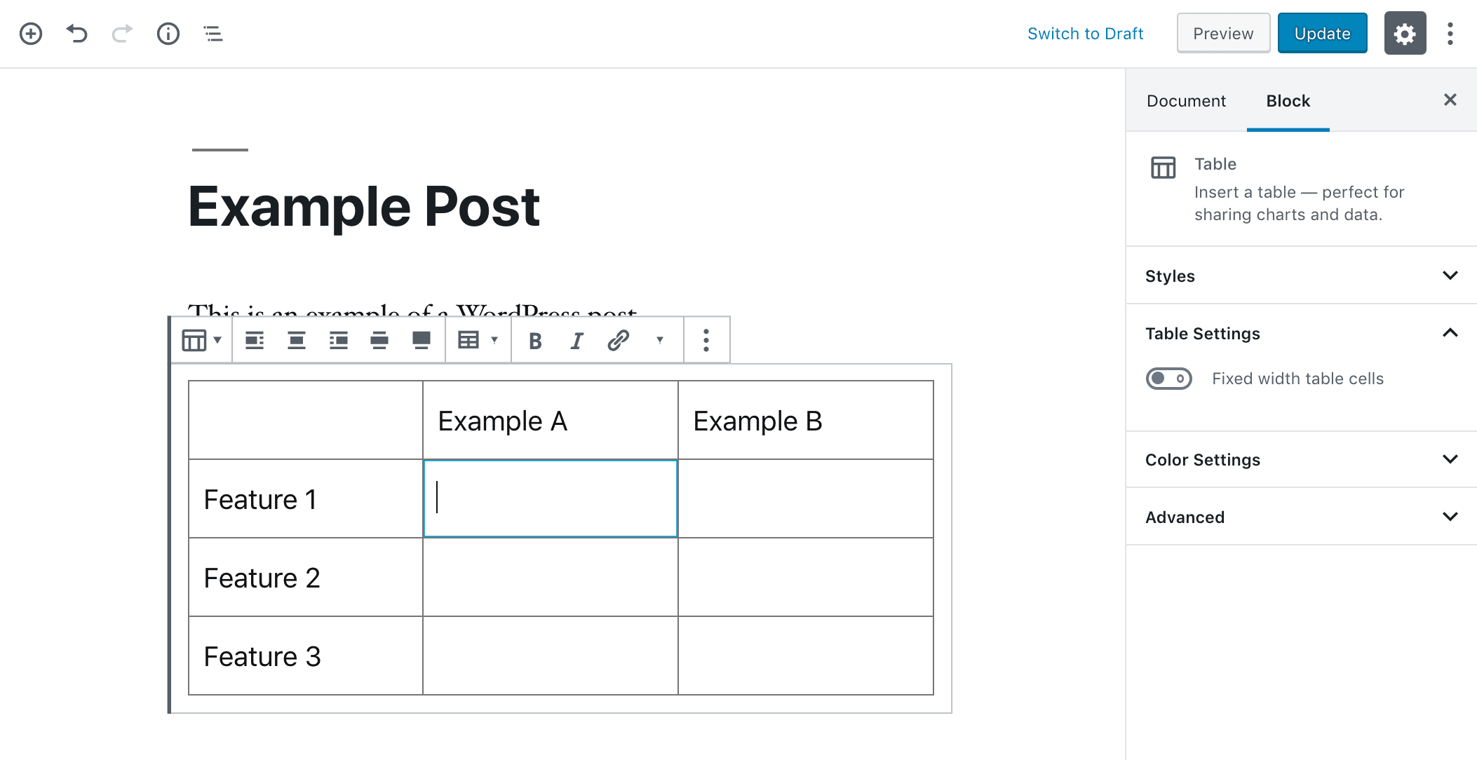 Editing a WordPress Table block.