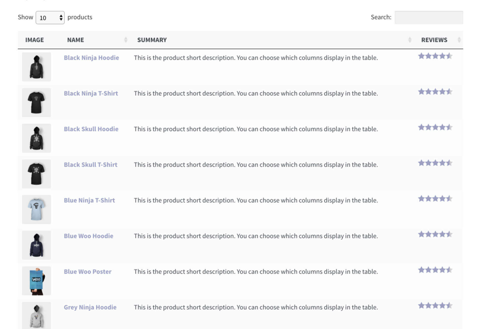 A product table created with Barn2 Media's WooCommerce Product Table plugin.