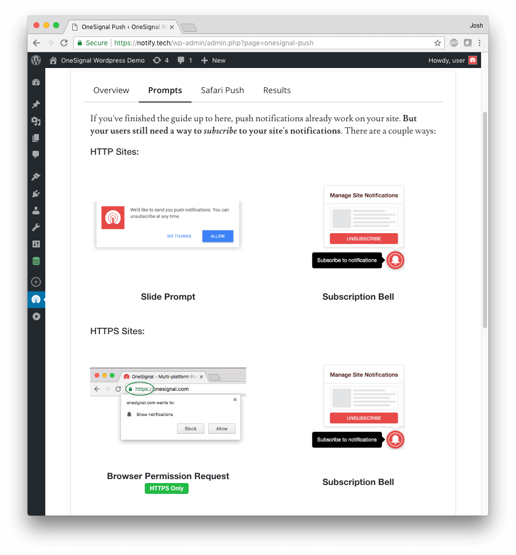 The OneSignal subscription settings in the WordPress dashboard.