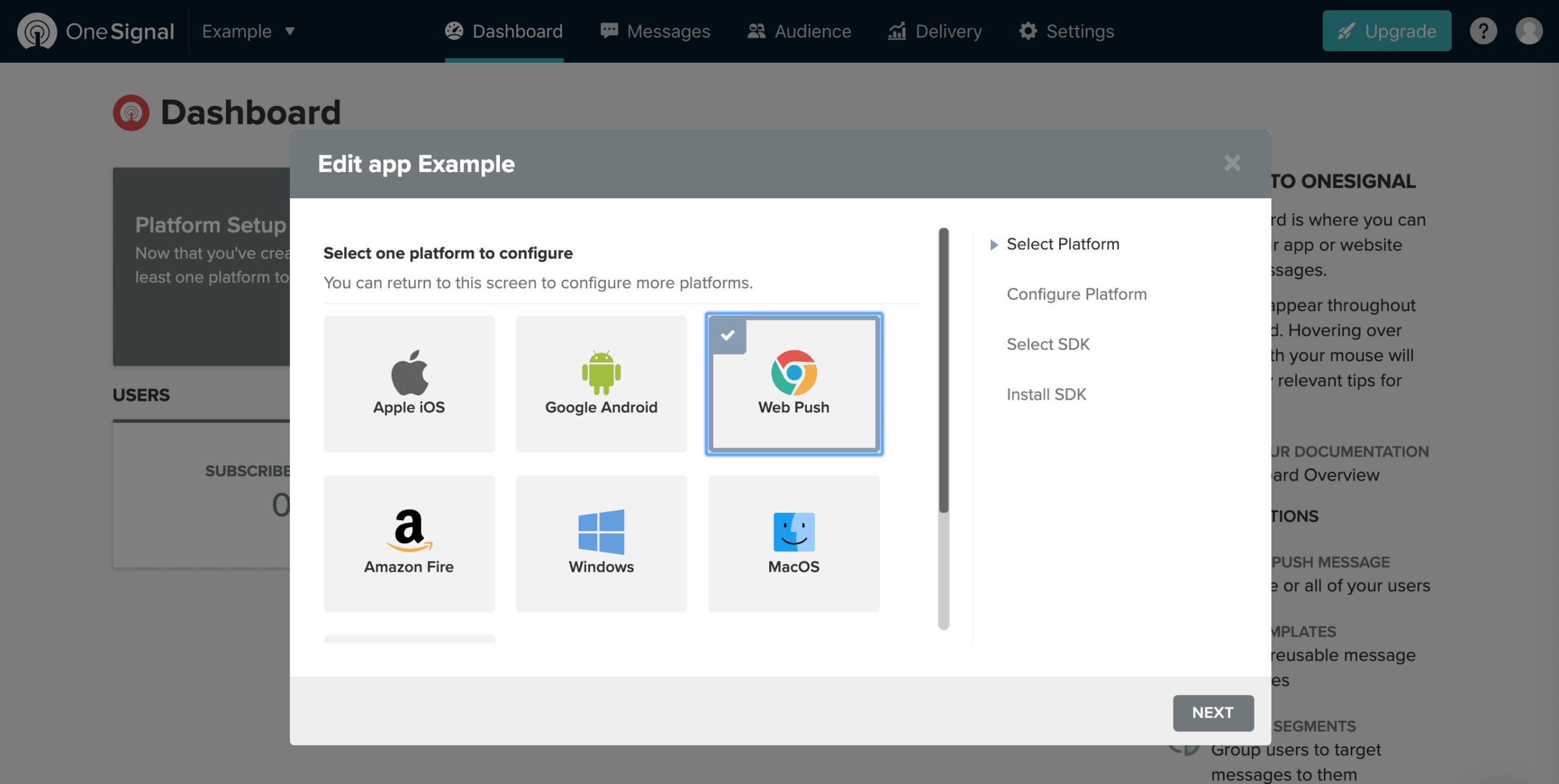 Configuring web push notifications in OneSignal.