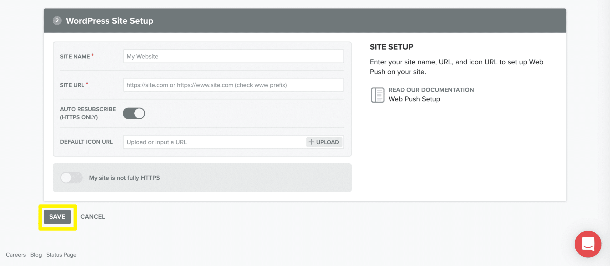 Adding WordPress site information in OneSignal.