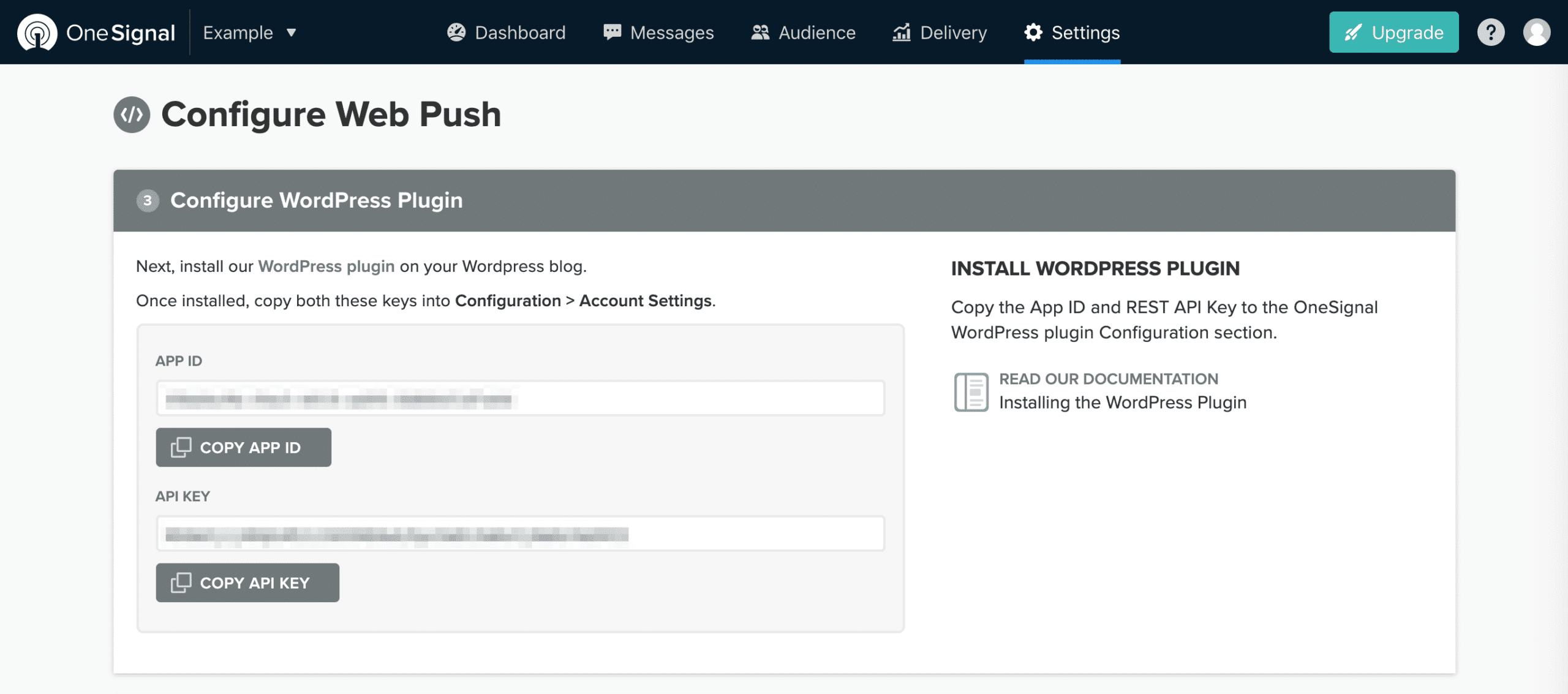 Receiving the OneSignal App ID and API key.