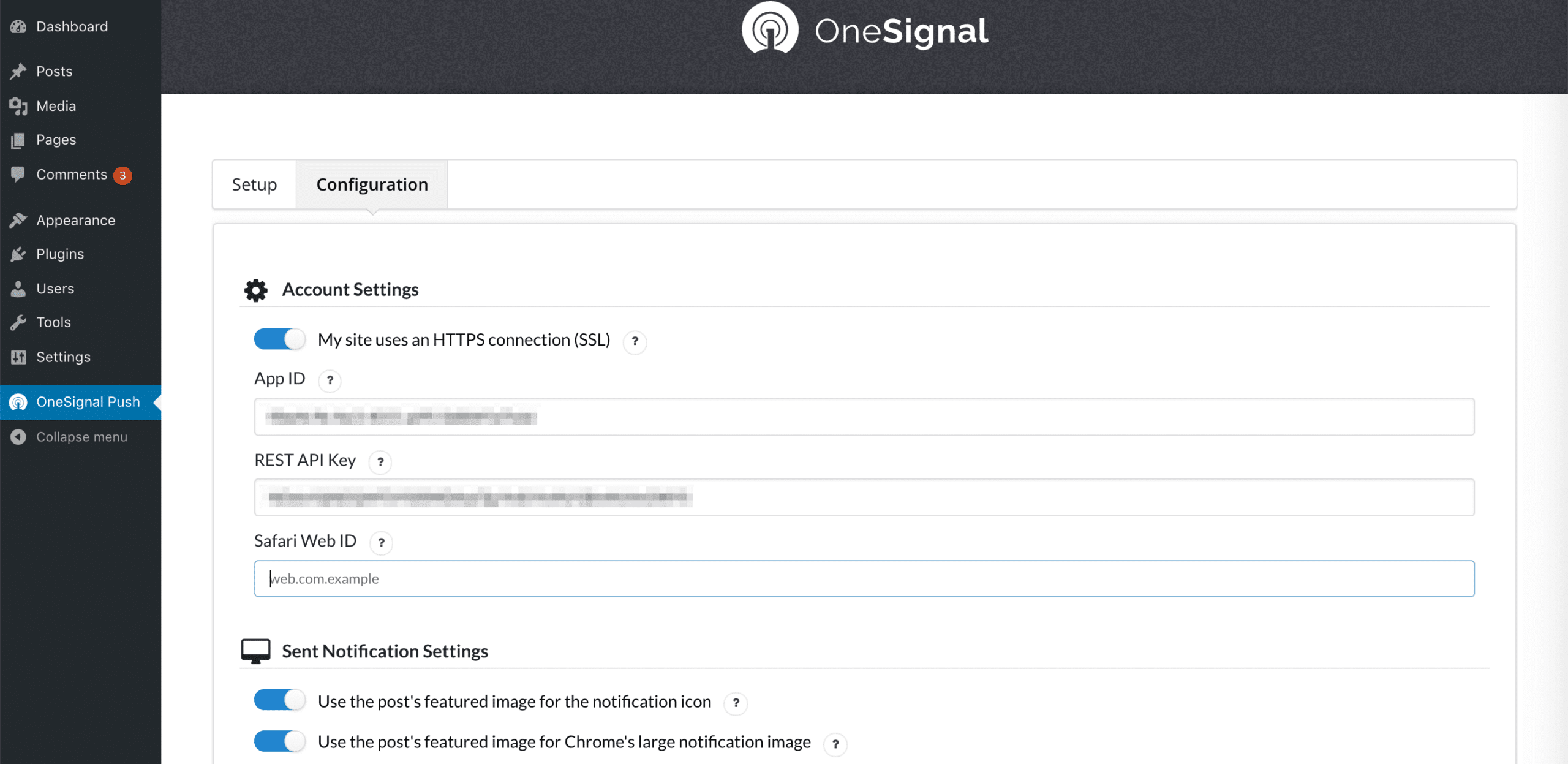 Adding the OneSignal App ID and API key to WordPress.