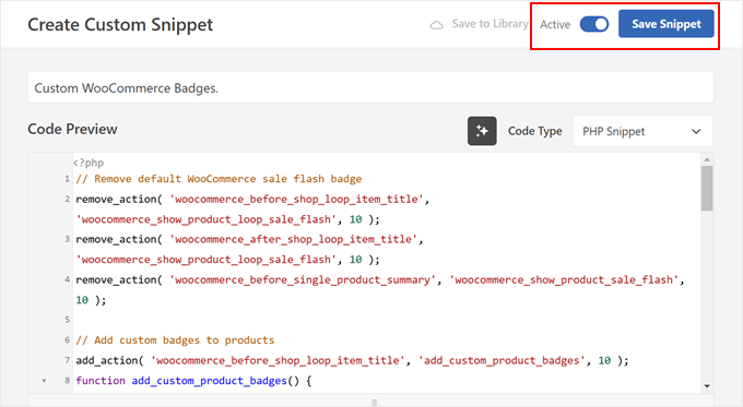 WPCode custom snippet for displaying WooCommerce product badges