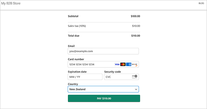 Preview of a payment form with a fixed tax rate