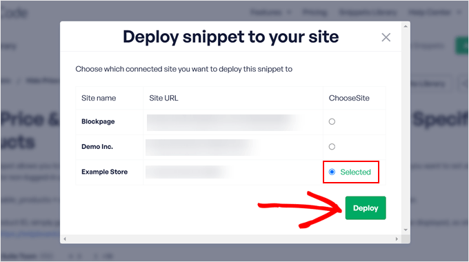 Selecting a website to deploy the WPCode code snippet into