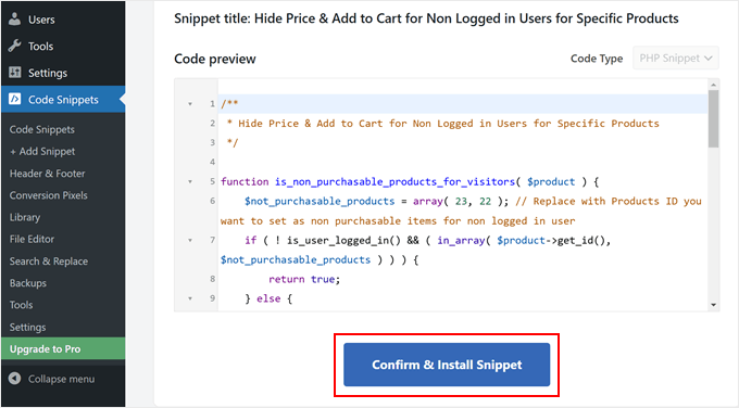 Confirming to add the WPCode code snippet