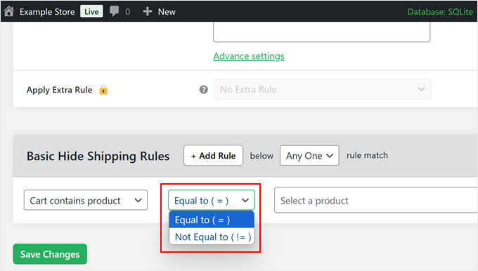 Choosing equal to or not equal to in the Hide Shipping for WooCommerce plugin