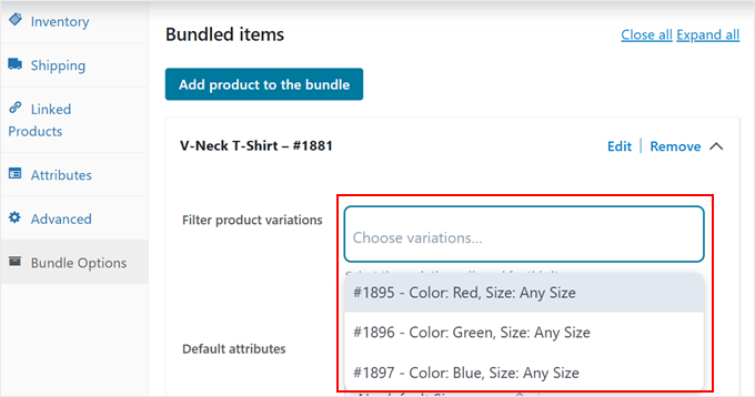 Choosing which product variations to show in the bundle with the YITH plugin