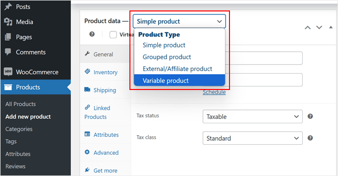 Choosing a product type in WooCommerce