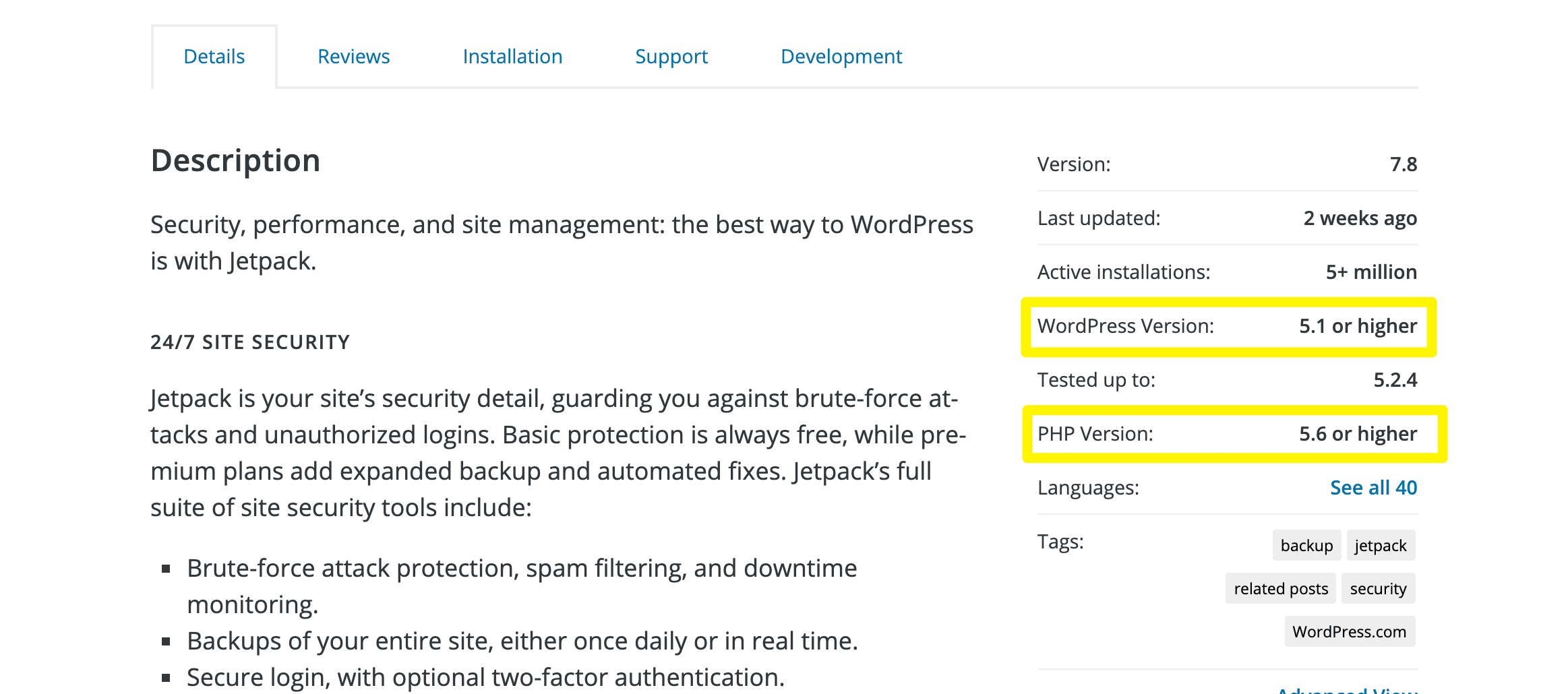 Checking the WordPress version and PHP version compatibility in the Plugin Directory.